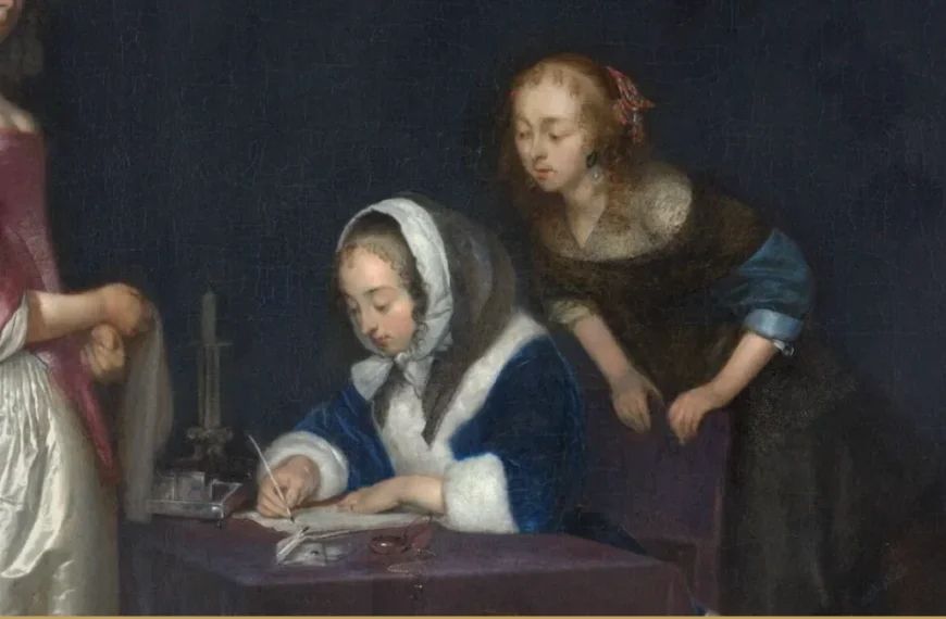 Detail of ter Borch's Curiosity: a seated young woman writes a letter with a quill while two women read over her shoulder.