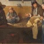 Detail of a Dutch genre painting: tailors sit cross-legged on a raised bench by a window with cloth and shears while a woman waits at right.