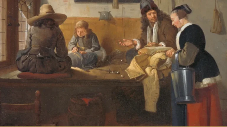 Detail of a Dutch genre painting: tailors sit cross-legged on a raised bench by a window with cloth and shears while a woman waits at right.