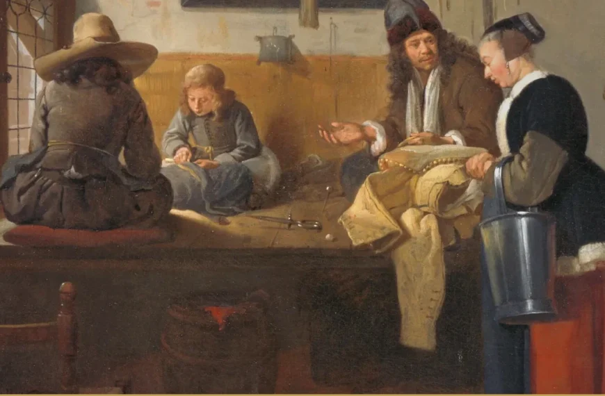 Detail of a Dutch genre painting: tailors sit cross-legged on a raised bench by a window with cloth and shears while a woman waits at right.
