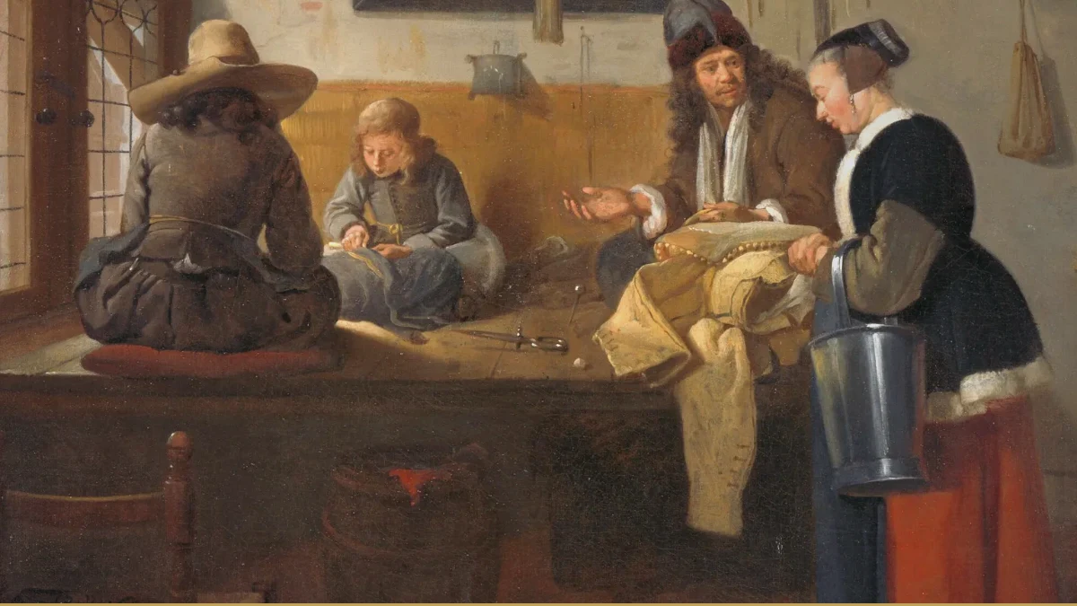 Detail of a Dutch genre painting: tailors sit cross-legged on a raised bench by a window with cloth and shears while a woman waits at right.