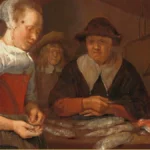 Detail of a Dutch genre painting: a fish seller and an older buyer face each other across a table of fish, a balance scale hanging above.
