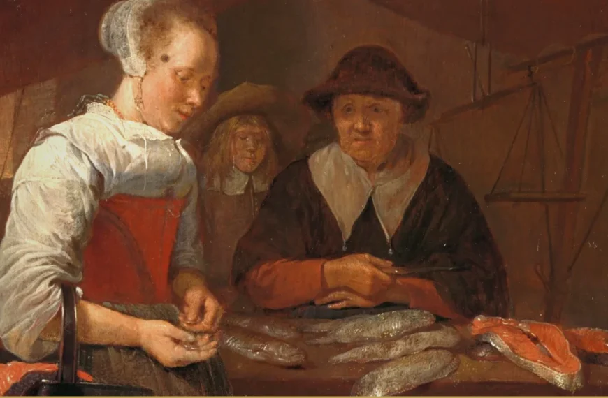 Detail of a Dutch genre painting: a fish seller and an older buyer face each other across a table of fish, a balance scale hanging above.