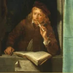 A man in a red cap leans on a stone window ledge with a clay pipe at his lips, one hand beside a large open book, a quill in an inkwell, a green curtain behind.
