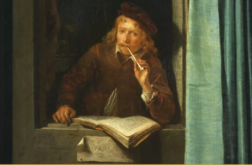 A man in a red cap leans on a stone window ledge with a clay pipe at his lips, one hand beside a large open book, a quill in an inkwell, a green curtain behind.