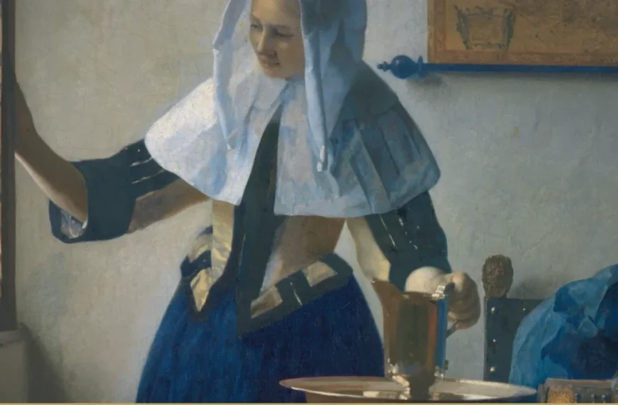 A woman in a white linen cap stands at a leaded window, one hand on the casement and the other on a brass pitcher, a basin and blue cloth on the table before her.