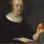 A young woman in a dark gown with a white collar and cap sits at a stone window ledge, holding a peach; a white cloth lies beside her and a grapevine frames the opening.