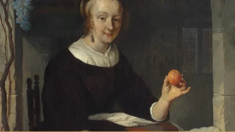 A young woman in a dark gown with a white collar and cap sits at a stone window ledge, holding a peach; a white cloth lies beside her and a grapevine frames the opening.