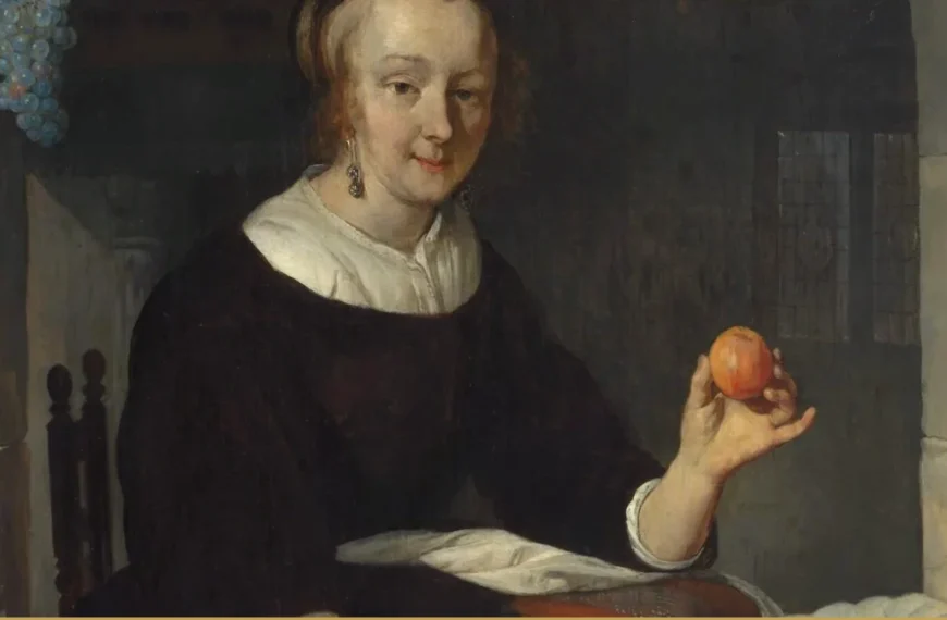 A young woman in a dark gown with a white collar and cap sits at a stone window ledge, holding a peach; a white cloth lies beside her and a grapevine frames the opening.
