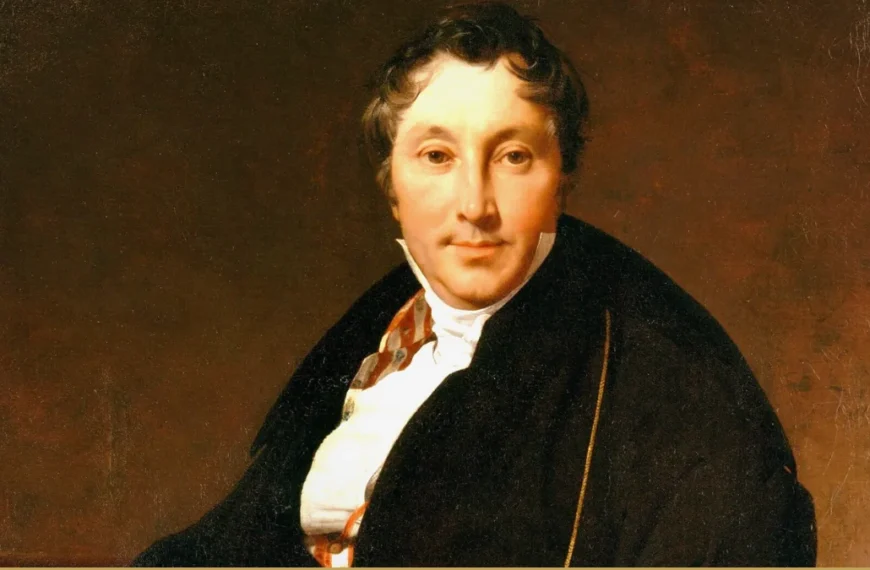 Detail of Ingres's 1823 portrait of Jacques-Louis Leblanc: a well-fed man in a dark fur-trimmed coat and white cravat looks calmly out at the viewer against a warm brown ground.