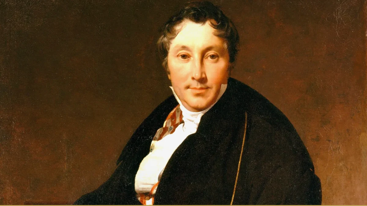 Detail of Ingres's 1823 portrait of Jacques-Louis Leblanc: a well-fed man in a dark fur-trimmed coat and white cravat looks calmly out at the viewer against a warm brown ground.