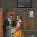 Two women in a paneled Dutch interior stand close together, passing a stack of folded white linen between their hands, while a child waits in the sunlit doorway beyond.