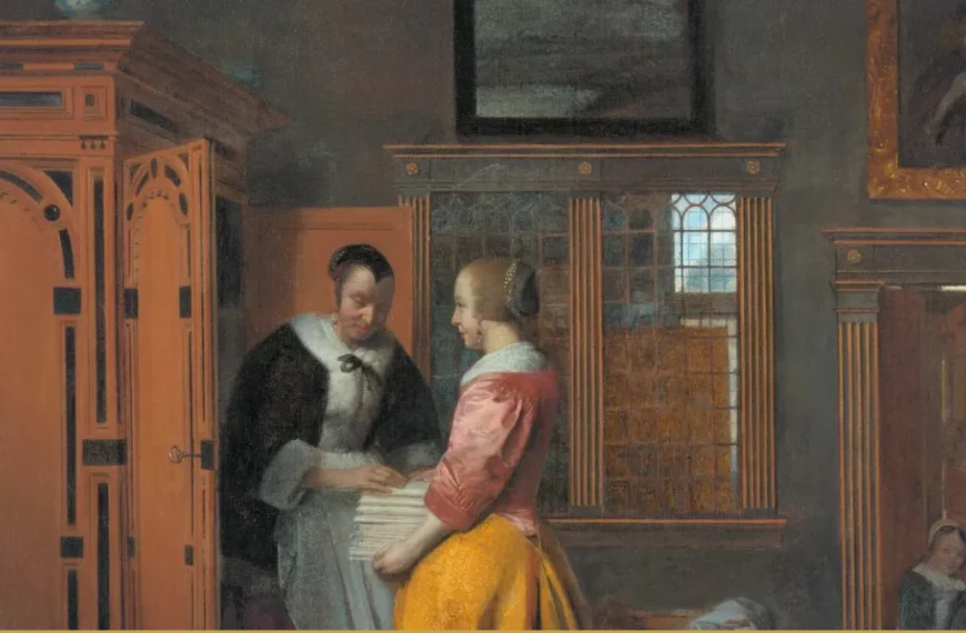 Two women in a paneled Dutch interior stand close together, passing a stack of folded white linen between their hands, while a child waits in the sunlit doorway beyond.