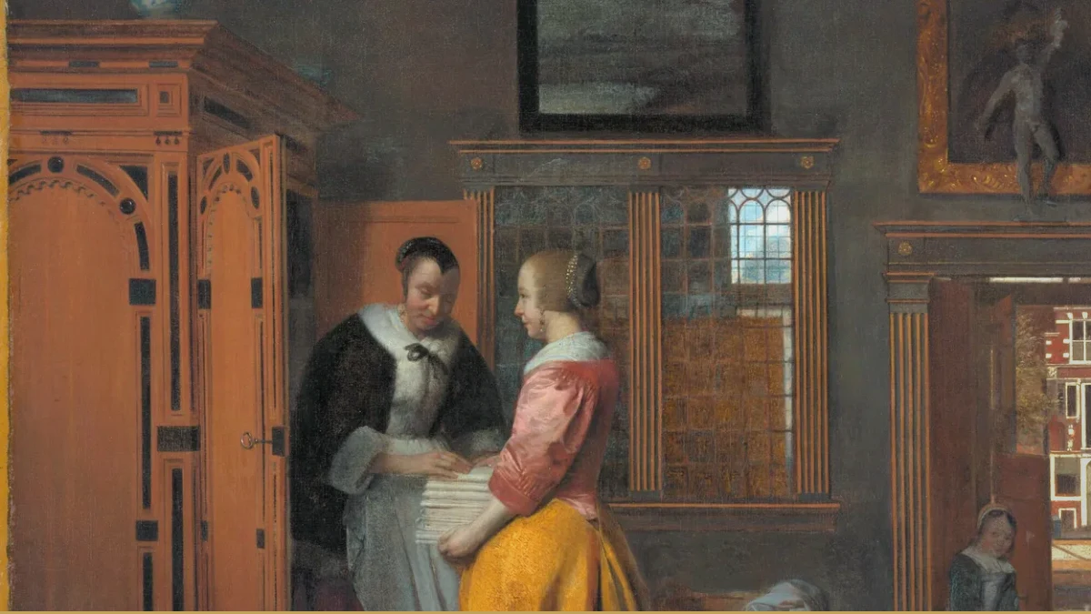 Two women in a paneled Dutch interior stand close together, passing a stack of folded white linen between their hands, while a child waits in the sunlit doorway beyond.