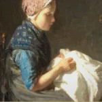 A young girl in a pink lace cap and blue shawl sits on a rush chair, bent over a heap of white linen in her lap, stitching, with a red tulip in a glass beside her.
