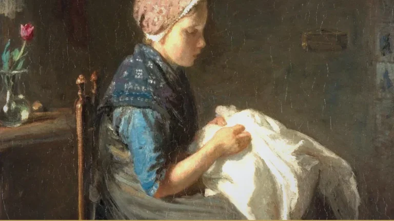 A young girl in a pink lace cap and blue shawl sits on a rush chair, bent over a heap of white linen in her lap, stitching, with a red tulip in a glass beside her.