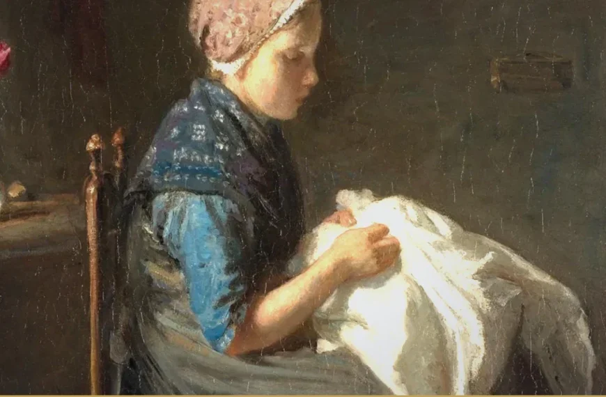 A young girl in a pink lace cap and blue shawl sits on a rush chair, bent over a heap of white linen in her lap, stitching, with a red tulip in a glass beside her.