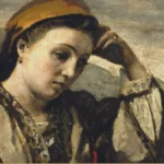 A young woman in a headscarf and embroidered blouse rests her head against one hand, eyes lowered, leaning on a stone wall under a grey sky.