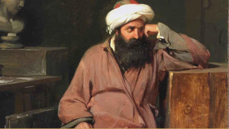 A bearded man in a white turban and a rose-colored robe sits slumped against a wooden chest, his head propped on one hand, beside a plaster bust and a cluttered desk in a dim studio.