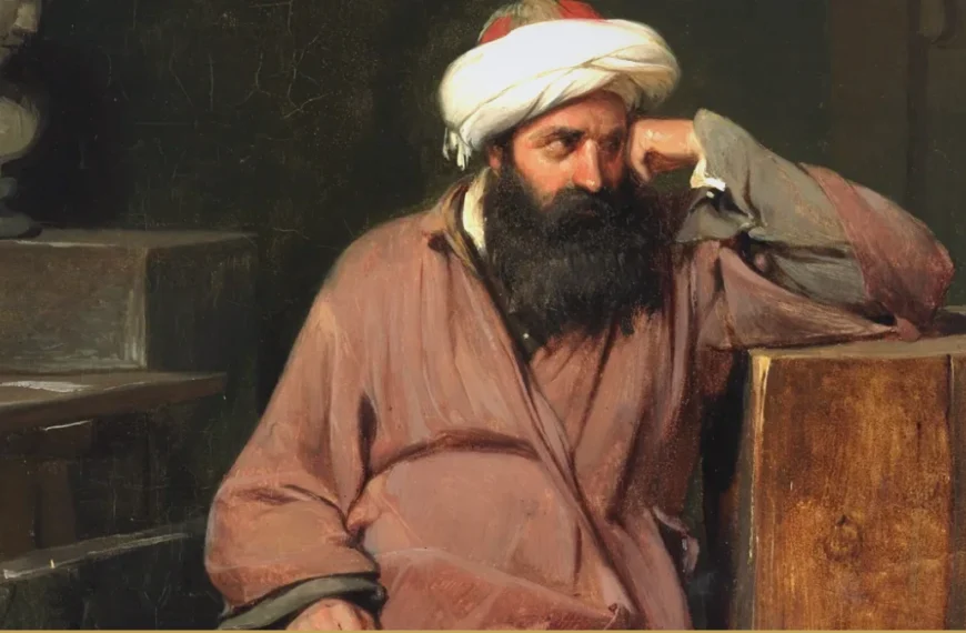 A bearded man in a white turban and a rose-colored robe sits slumped against a wooden chest, his head propped on one hand, beside a plaster bust and a cluttered desk in a dim studio.