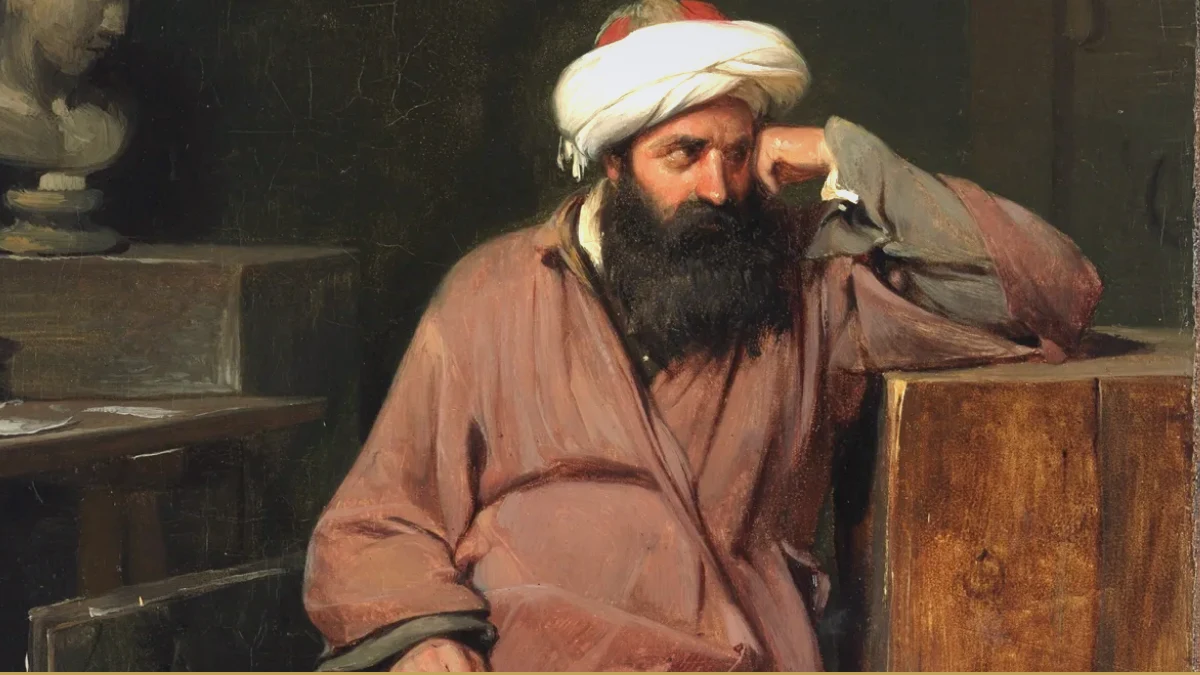 A bearded man in a white turban and a rose-colored robe sits slumped against a wooden chest, his head propped on one hand, beside a plaster bust and a cluttered desk in a dim studio.