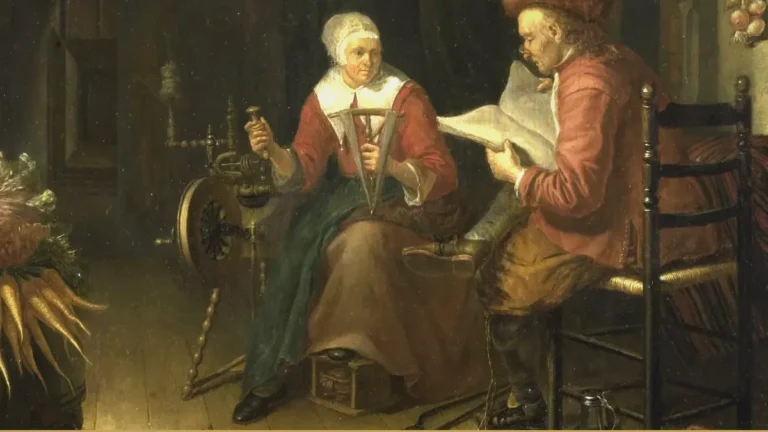 An older couple in a dim Dutch interior: a woman in a white cap at her spinning yarn looks toward a man in a red coat reading a large sheet of paper.