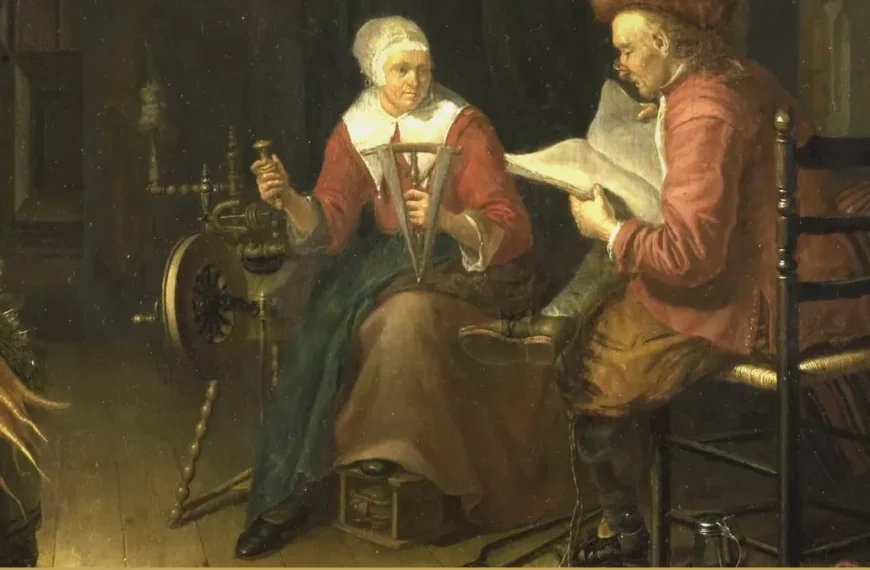 An older couple in a dim Dutch interior: a woman in a white cap at her spinning yarn looks toward a man in a red coat reading a large sheet of paper.