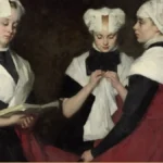 Three girls in white caps and black-and-red orphanage dress in a dim room; the one in the middle sews, one holds an open book, one listens.