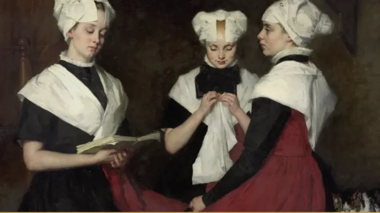 Three girls in white caps and black-and-red orphanage dress in a dim room; the one in the middle sews, one holds an open book, one listens.