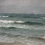 A grey-green sea breaking in rows of white surf toward a sandy shore under an overcast sky, with a small sailing ship on the far horizon.