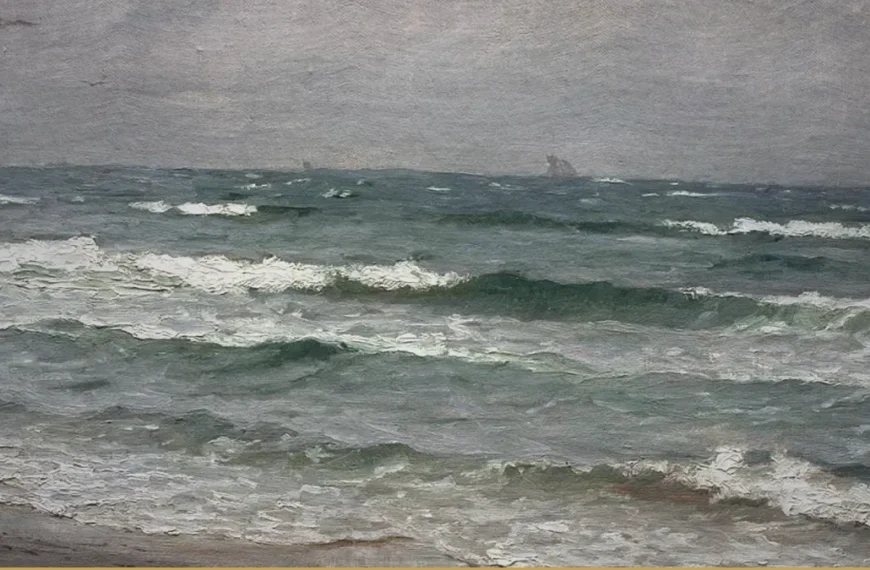 A grey-green sea breaking in rows of white surf toward a sandy shore under an overcast sky, with a small sailing ship on the far horizon.