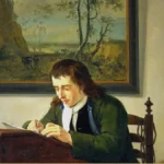 A man in a green coat and white neckcloth writes with a quill at a wooden desk, a landscape painting and an oval portrait hanging on the wall behind him.