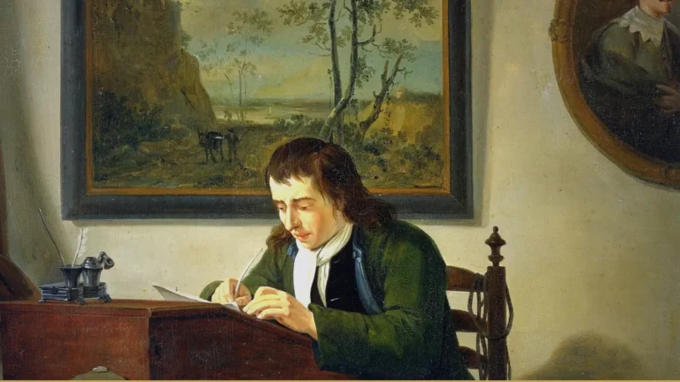 A man in a green coat and white neckcloth writes with a quill at a wooden desk, a landscape painting and an oval portrait hanging on the wall behind him.