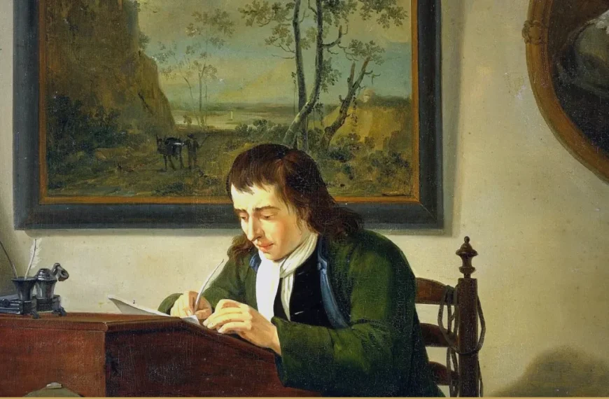A man in a green coat and white neckcloth writes with a quill at a wooden desk, a landscape painting and an oval portrait hanging on the wall behind him.
