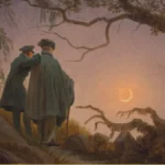 Detail of Caspar David Friedrich's Two Men Contemplating the Moon: two men seen from behind on a rocky path at dusk, one resting a hand on the other's shoulder, beneath the bare branches of an old oak, looking toward a thin crescent moon.