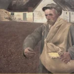 An older farmer in a cap and grey jacket, a cloth seed bag across his chest, scatters seed over a bare brown field with a whitewashed thatched farmhouse behind him.