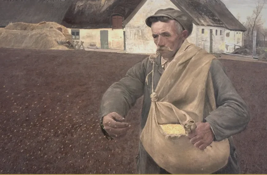 An older farmer in a cap and grey jacket, a cloth seed bag across his chest, scatters seed over a bare brown field with a whitewashed thatched farmhouse behind him.