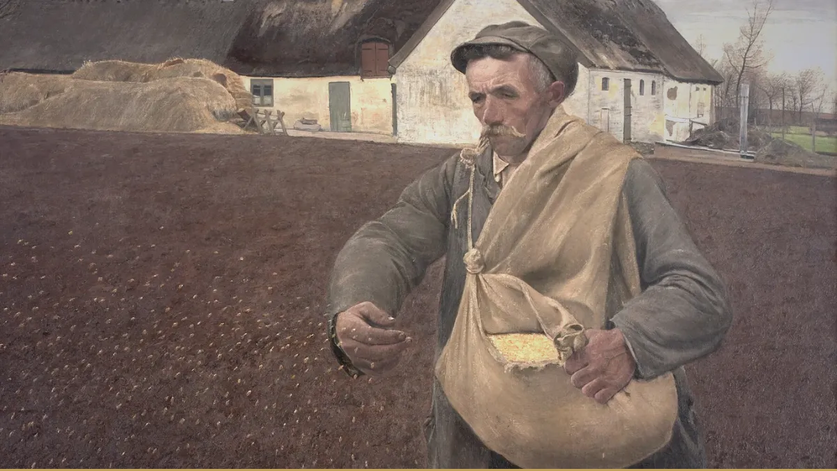 An older farmer in a cap and grey jacket, a cloth seed bag across his chest, scatters seed over a bare brown field with a whitewashed thatched farmhouse behind him.