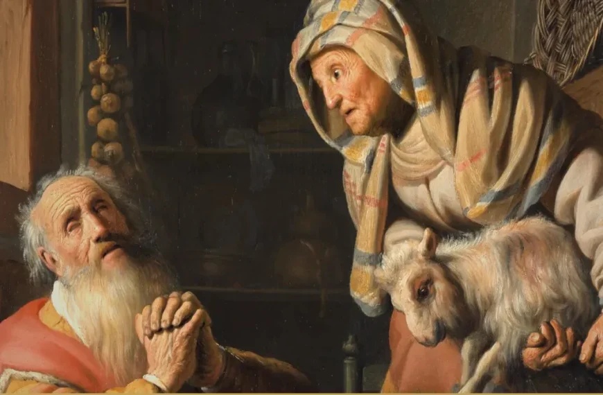 An old woman in a striped headscarf leans in holding a young goat while a white-bearded old man sits with folded hands and looks up at her in a dim room.