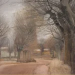 Detail of a painted country road curving away between rows of bare, cut-back trees, with dry grass on the verges and farmhouses under an overcast sky.
