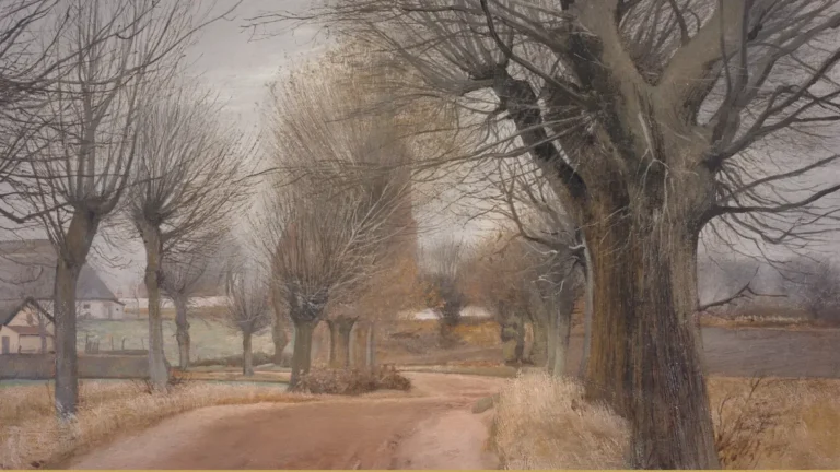 Detail of a painted country road curving away between rows of bare, cut-back trees, with dry grass on the verges and farmhouses under an overcast sky.