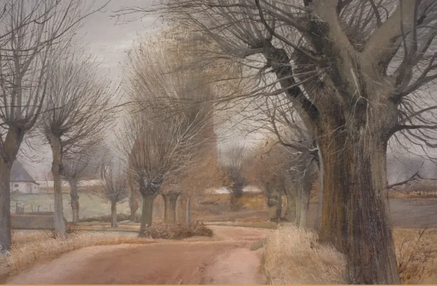 Detail of a painted country road curving away between rows of bare, cut-back trees, with dry grass on the verges and farmhouses under an overcast sky.