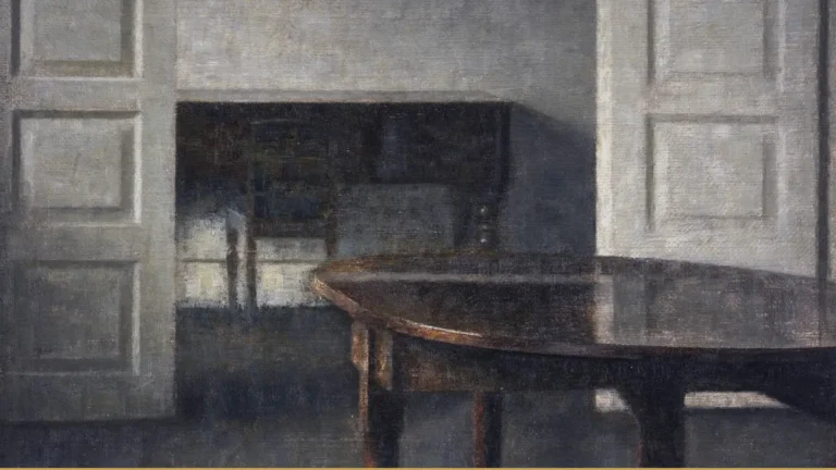 An empty living room painted in grey: folding doors stand open onto a back room with a closed piano, and a dark polished table fills the foreground.